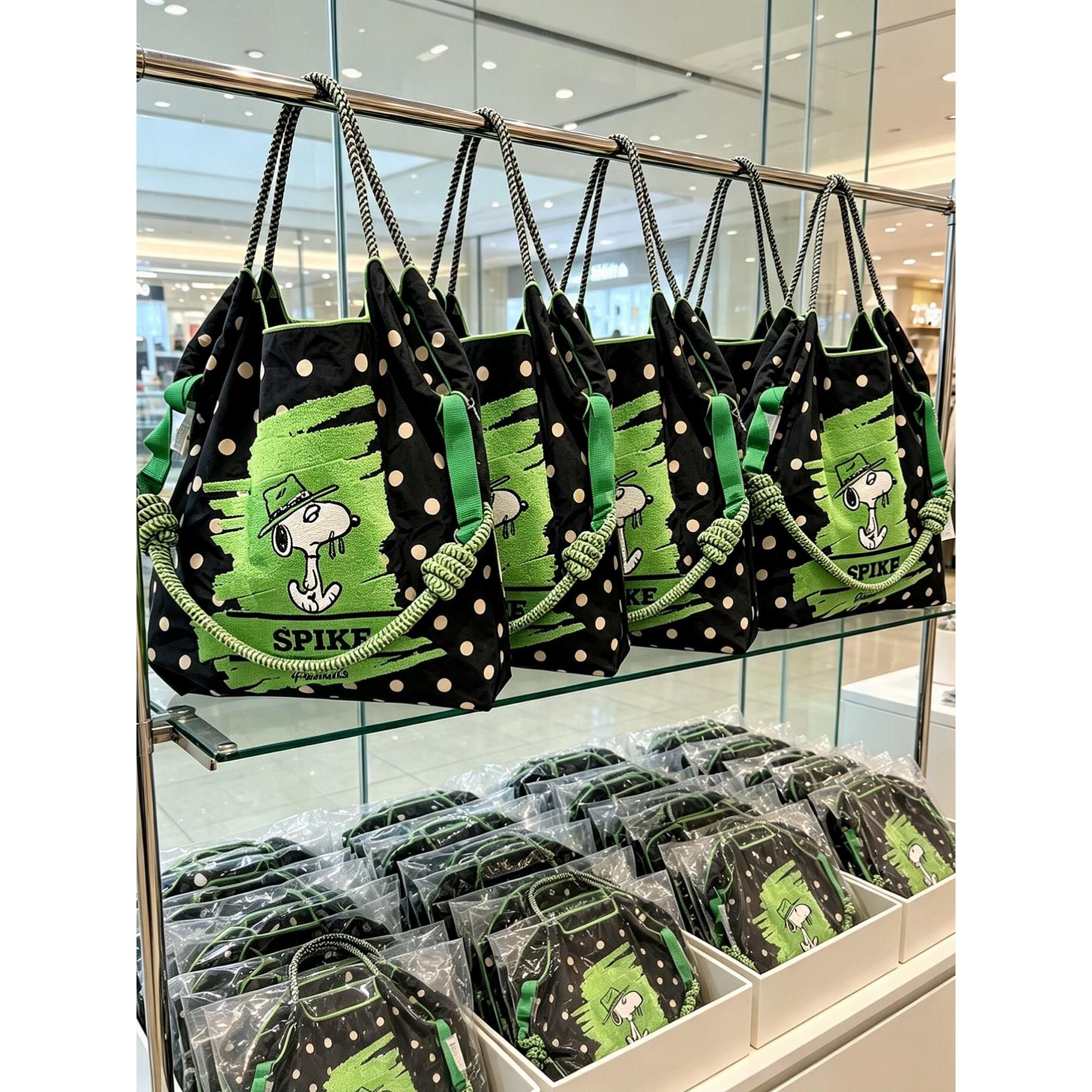 日系ball chain刺绣绿色波点史派克单肩托特斜挎帆布购物袋通勤包