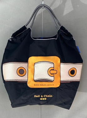日系ball chain刺绣黑色扣子环保购物袋斜挎帆布包单肩托特通勤包
