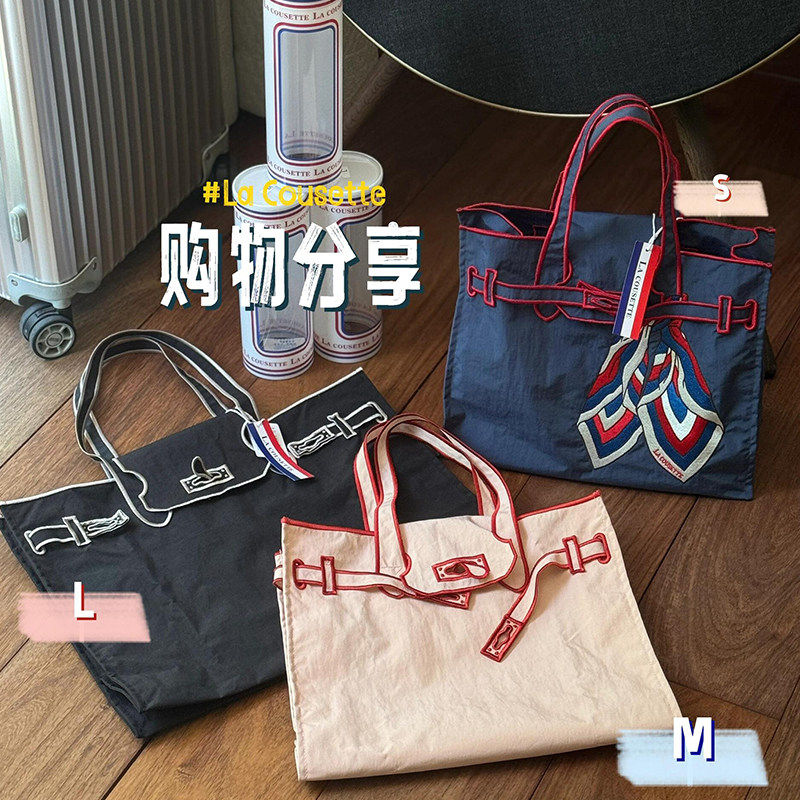 日系la cousette刺绣环保袋尼龙防水凯莉包帆布包单肩通勤托特包