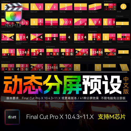 FCPX中文插件Split Pop动态分割画面分屏预设Final Cut X效果M1/2