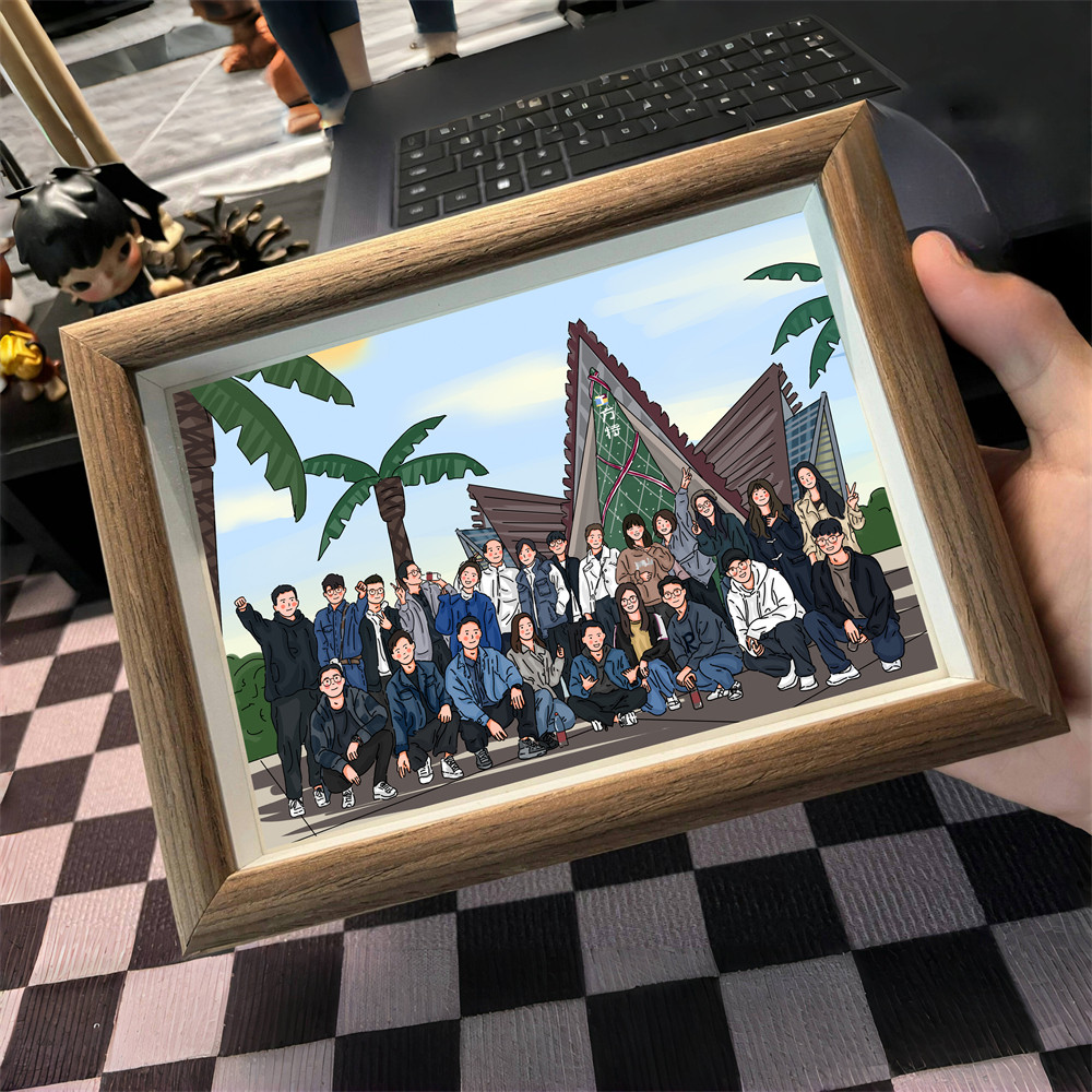 手绘相框定制多人合照绘画卡通班级毕业照公司员工集体照动漫设计 - 实物图