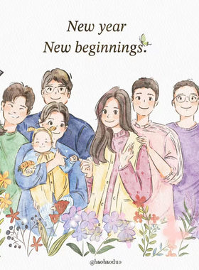 家庭合照手绘定制卡通头像全家福集体照片绘画水彩风再见老张代画