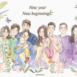 家庭合照手绘定制卡通头像全家福集体照片绘画水彩风再见老张代画