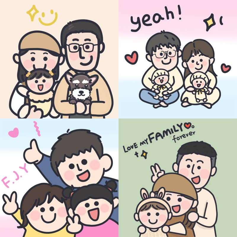 手绘卡通形象情侣全家福满意为止