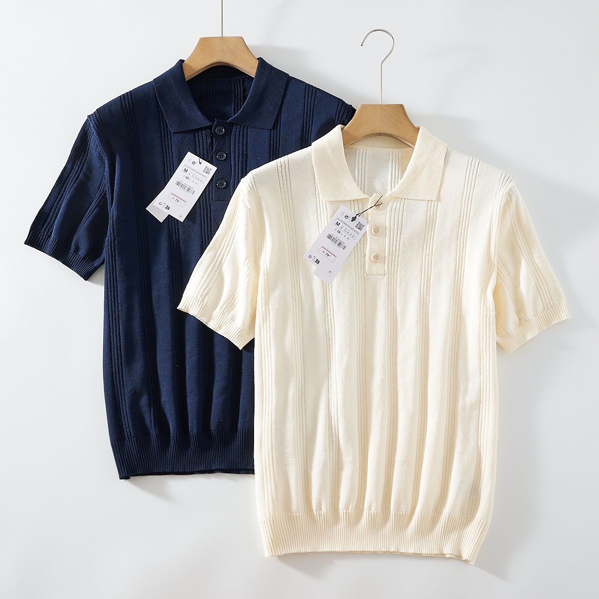出口西班牙单！外贸男装！夏季新款坑竖条翻领纯色短袖针织POLO衫