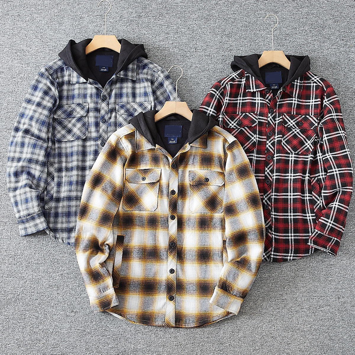 美式高街/78刀 磨毛水洗复古格纹春秋男士连帽长袖衬衫式夹克外套