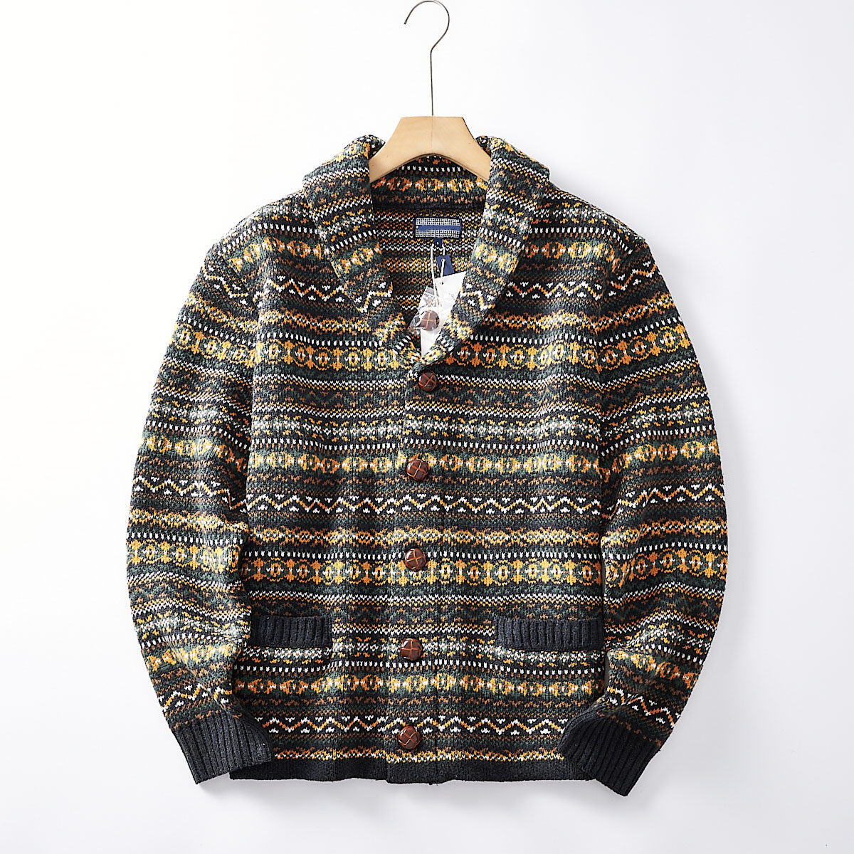 北欧牛货 绵羊毛提花编织 秋冬男复古费尔岛风青果领针织开衫外套