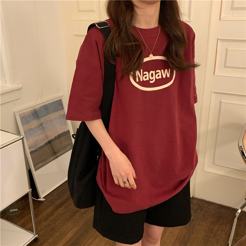 Loose medium length letter print short sleeve T-shirt