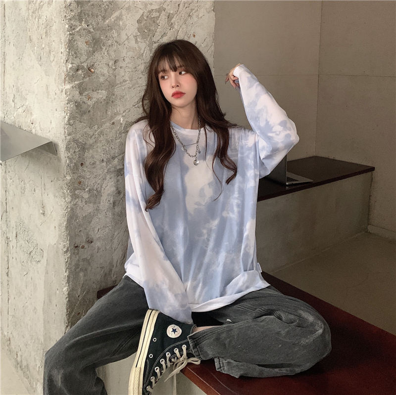 Spring and summer new regular loose long sleeve tie dye lazy women's round neck blouse