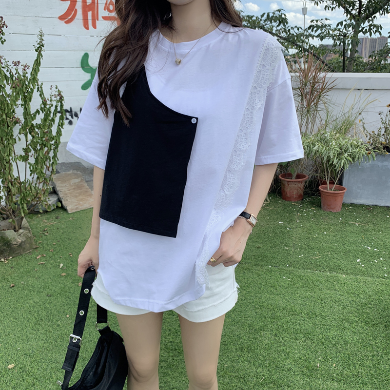 Summer new stitching color contrast tired round neck loose and versatile T-shirt