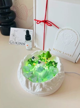 可爱绵羊草原场景石膏夜灯绿萤石原石扩香石 桌面氛围感送礼摆件