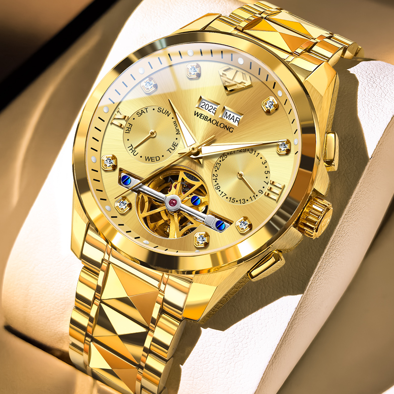 真钻纯金色男士手表瑞士威宝龙正品男表全自动机械表多功能商务款