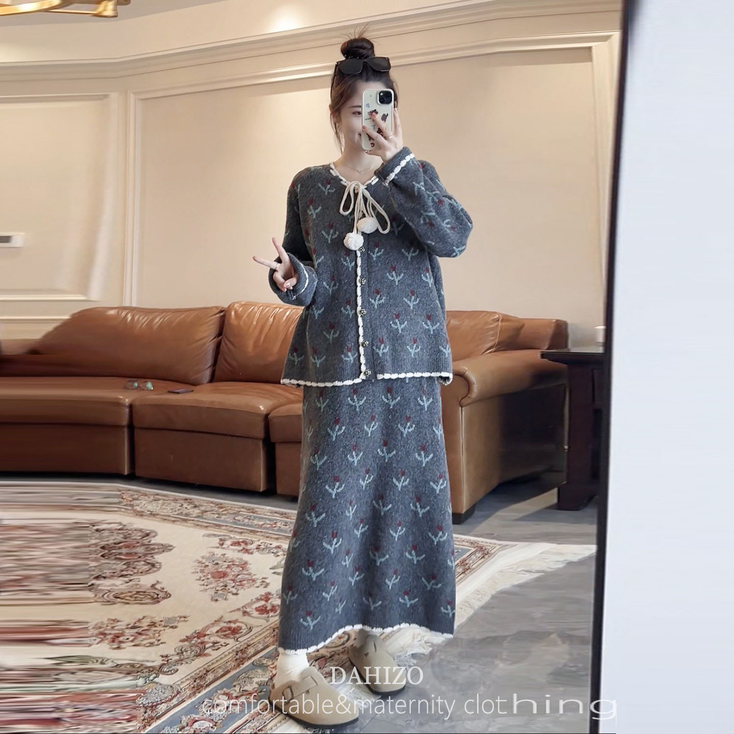 小香风孕期穿搭孕妇套装秋装新款时尚连衣裙洋气不显怀针织连身裙