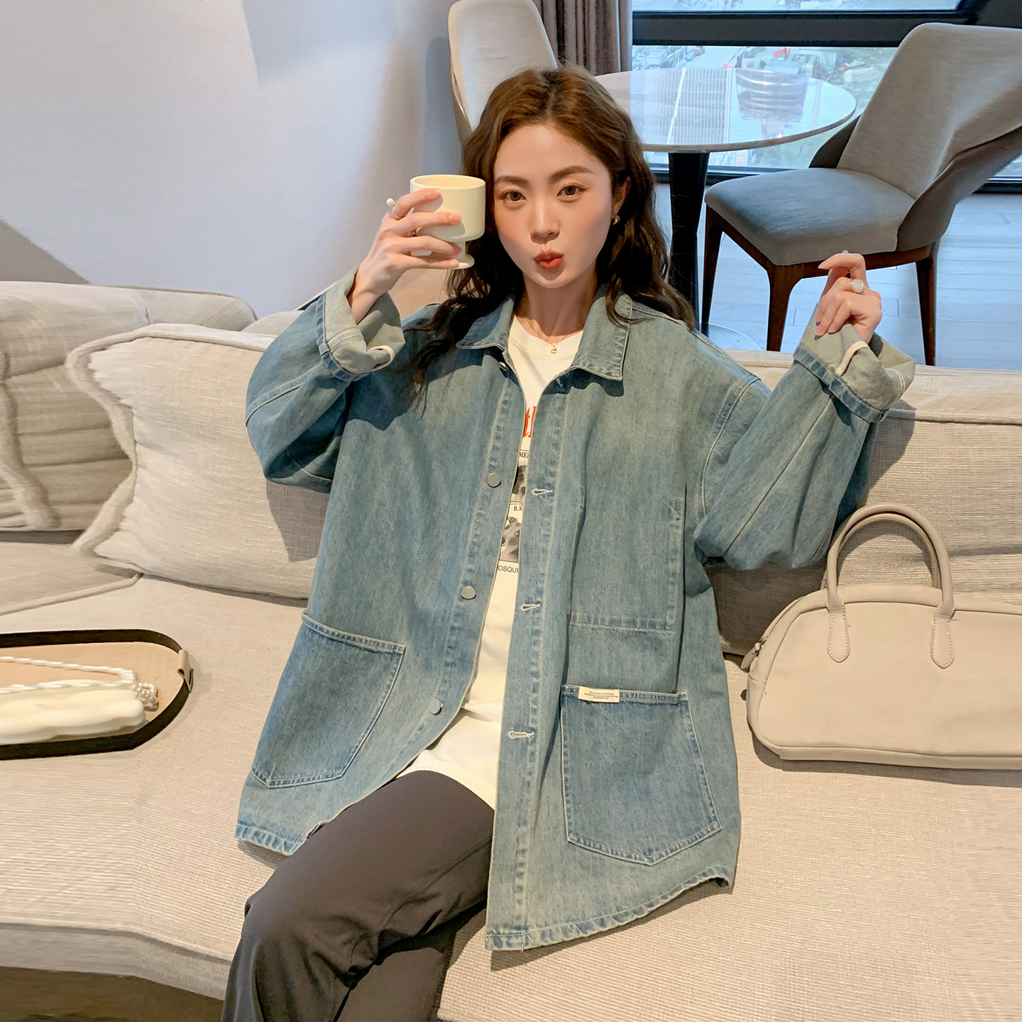 ◆诺初孕妇装◆冰川牛仔~复古做旧牛仔外套春季高级感开衫上衣