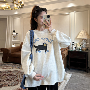 孕妇卫衣外套春秋卡通猫舒适休闲上衣慵懒风宽松圆领长袖 打底衫