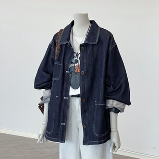 诺初◆孕妇装牛仔外套韩版休闲复古春秋装上衣宽松格子袖休闲风衣