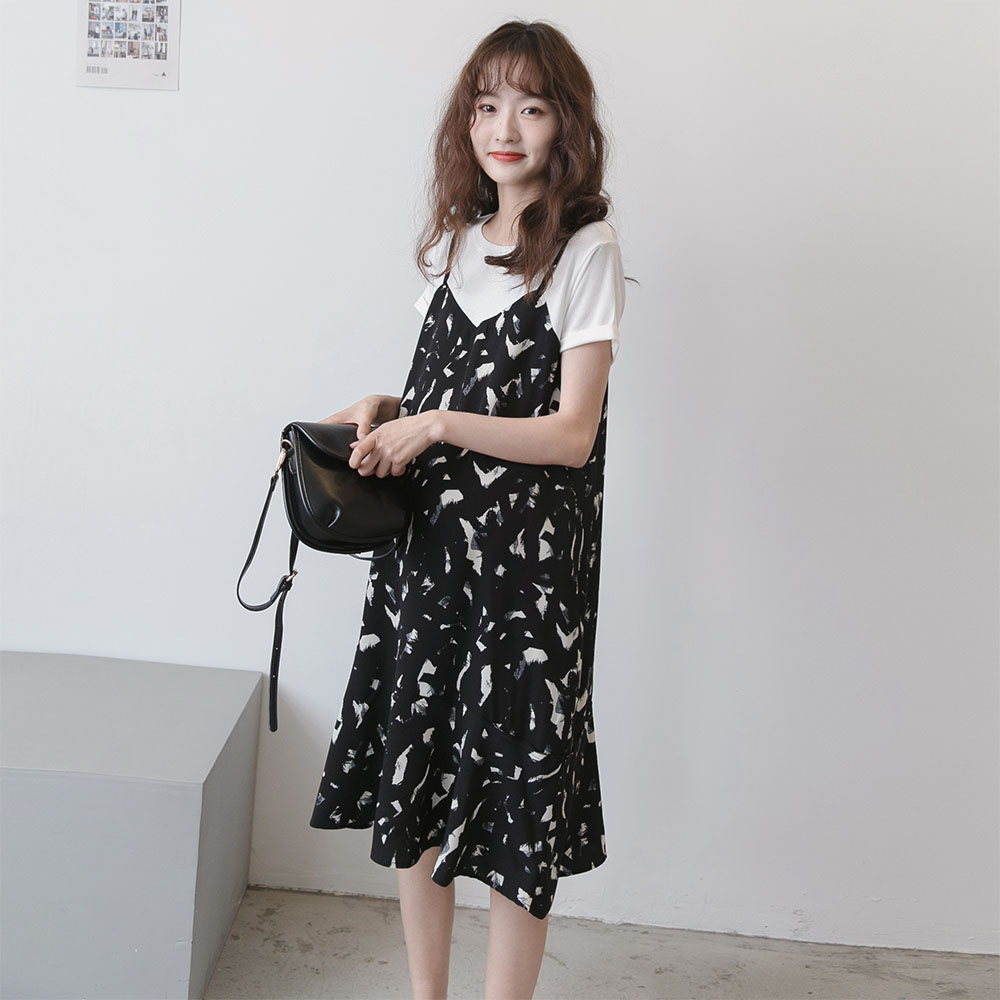 孕妇连衣裙夏装新款 气质花色假两件套孕妇雪纺裙潮妈夏天裙子(用5元券)