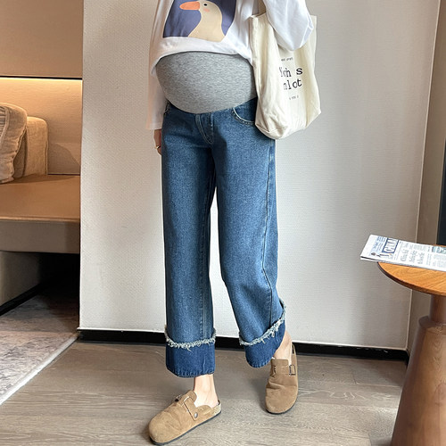 孕妇裤春秋外穿新款阔腿裤托腹直筒裤长裤孕期舒适不勒肚子牛仔裤
