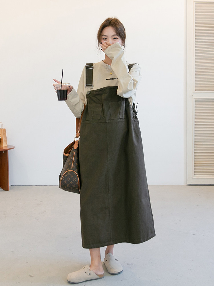 임부복 봄원피스 한식 작업복스타일 캐주얼하면서도 패셔너블한 데일리 외국스타일 외출 트렌디한 엄마 일자 서스펜더 스커트