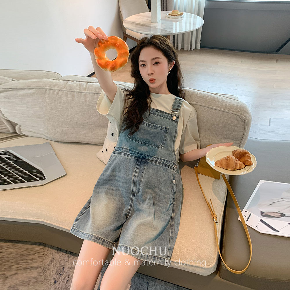 ◆诺初孕妇装◆什么风格都要~蓝色减龄牛仔背带裤五分休闲短裤女