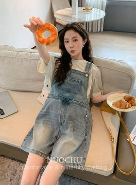 ◆诺初孕妇装◆什么风格都要~蓝色减龄牛仔背带裤五分休闲短裤女
