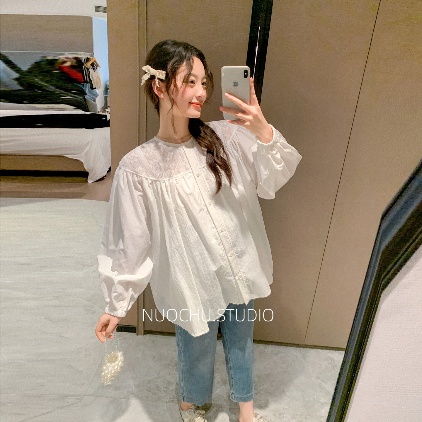 ◆诺初◆孕妇蕾丝拼接衬衫春秋宽松显瘦遮肚孕期外出百搭休闲上衣