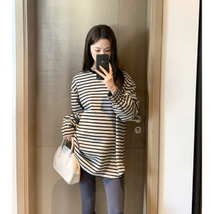 打底衫 诺初孕妇装 中长款 新款 上衣 柔软舒适显瘦条纹T恤2025秋季