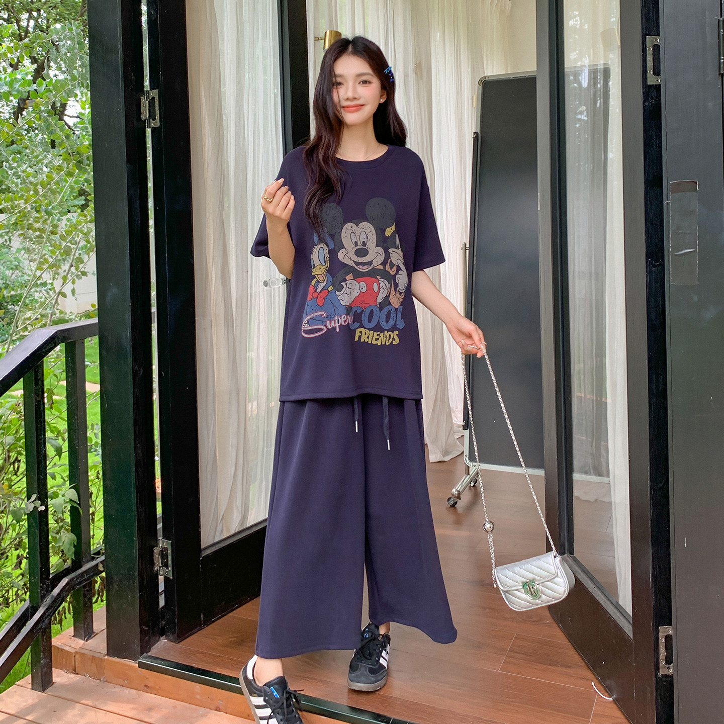◆诺初◆美式卡通风米奇印花短袖T恤女夏季宽松休闲套装卡通印花