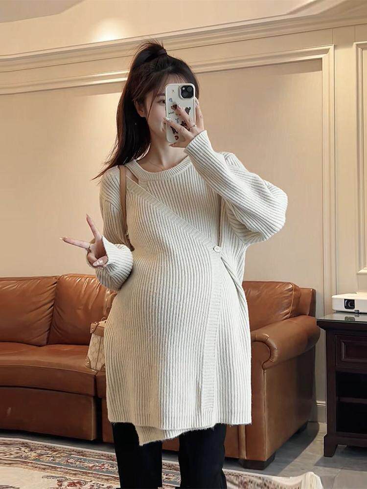 사선버튼 디자인 부드러운 임산부스웨터 가을코트 가디건 루즈한 밑단셔츠 스웨터 가을겨울 상의
