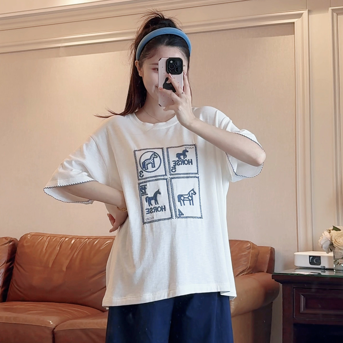 诺初韩版卡通印花减龄短袖T恤女宽松中长款显瘦圆领上衣