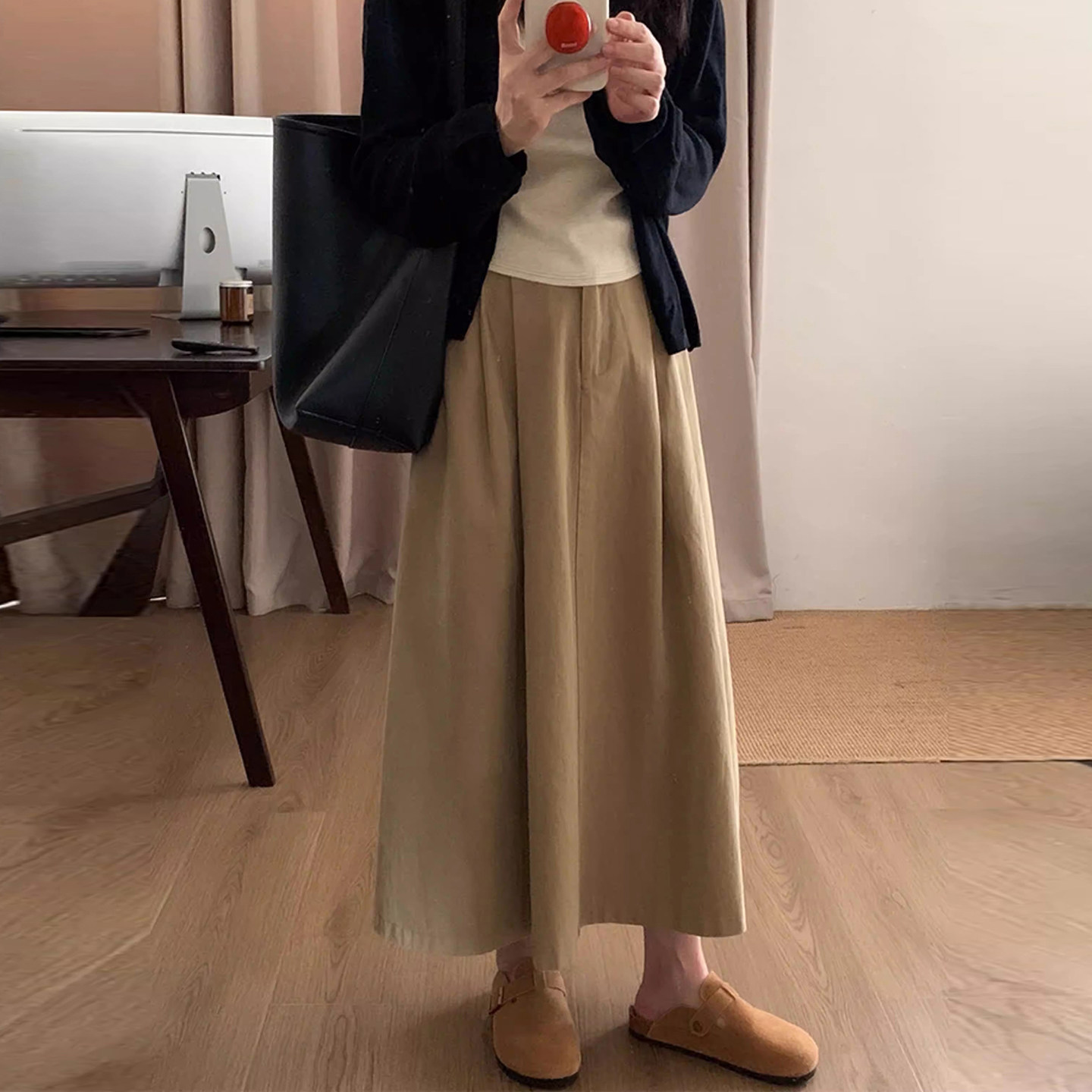 ◆诺初◆孕妇春夏款卡其色半身裙中长款显瘦气质百搭纯棉A字伞裙