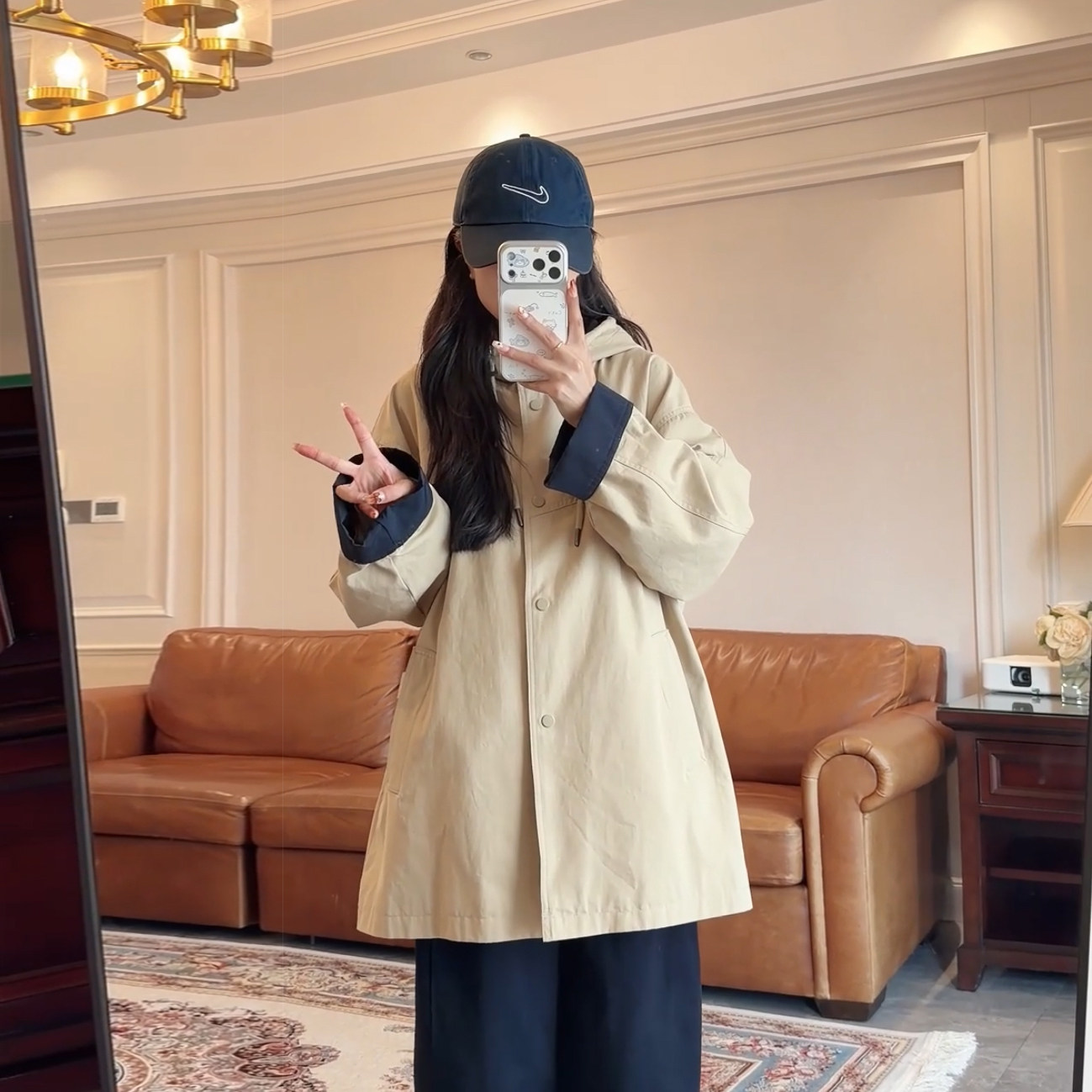 潮妈卡其撞色连帽风衣孕妇外套女