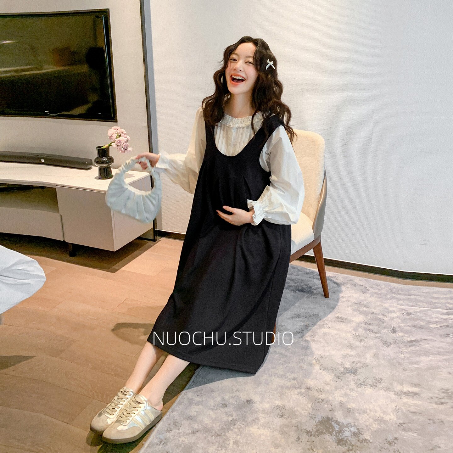 ◆诺初◆韩系温柔风孕妇连衣裙春秋款宽松两件套显瘦遮肚背心裙