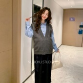 韩系V领孕妇针织马甲春秋叠穿宽松显瘦遮肚孕期外搭背心 诺初