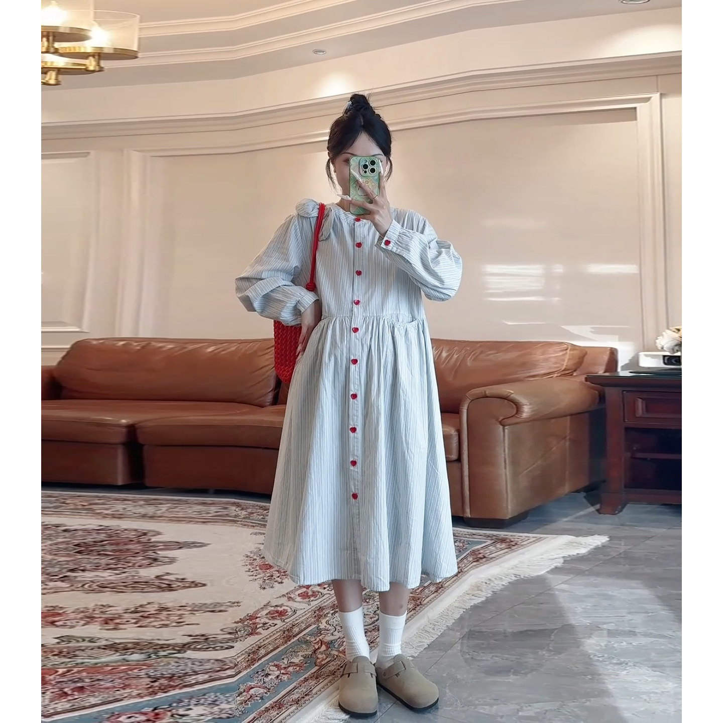 诺初蓝色条纹收腰显瘦孕妇连衣裙