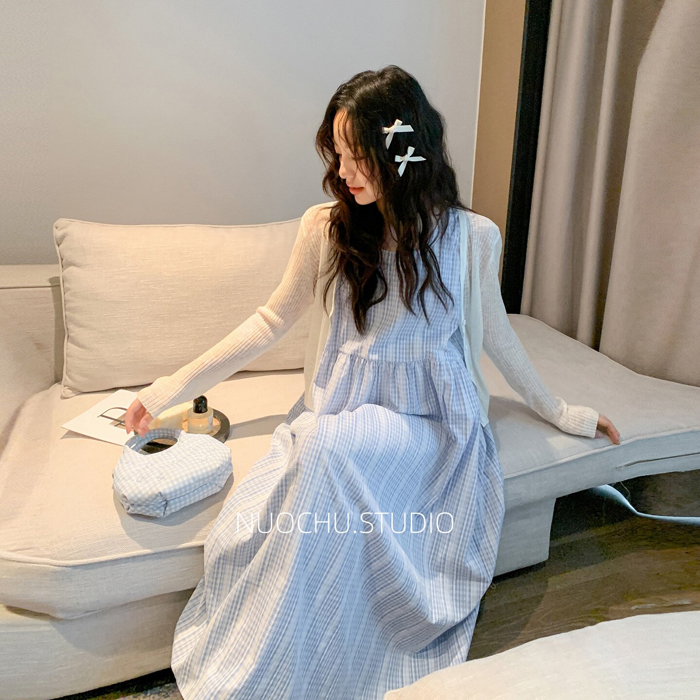 诺初孕妇装◆韩系格子背心裙+防晒衫春装连衣裙显瘦遮肚孕期套装