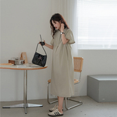 短袖 气质长裙纯棉杏色宽松遮肚裙子夏装 衬衣裙 新款 孕妇连衣裙夏季