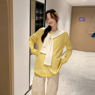 韩系披肩孕妇黄色上衣春秋宽松显瘦遮肚孕期外出百搭T恤 诺初