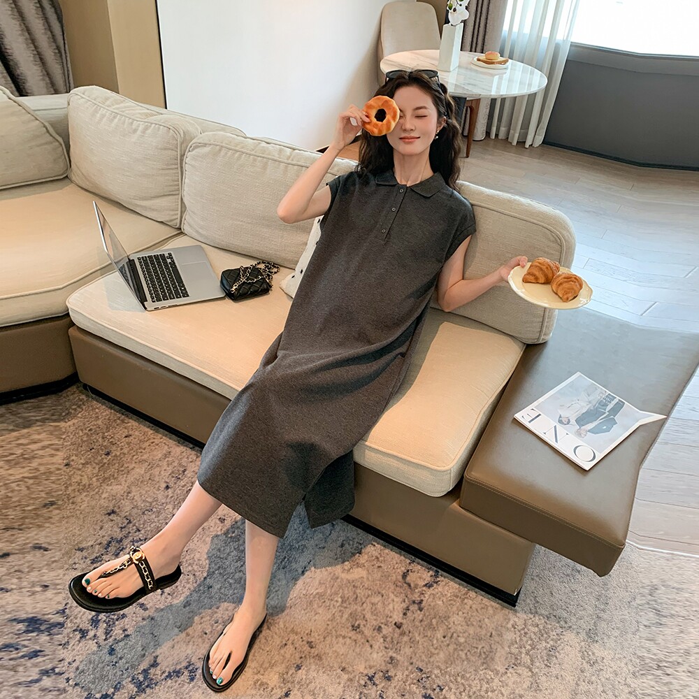 诺初孕妇装◆高级灰穿搭~POLO领连衣裙夏季翻领宽松T恤裙子孕妇服 - 实物图