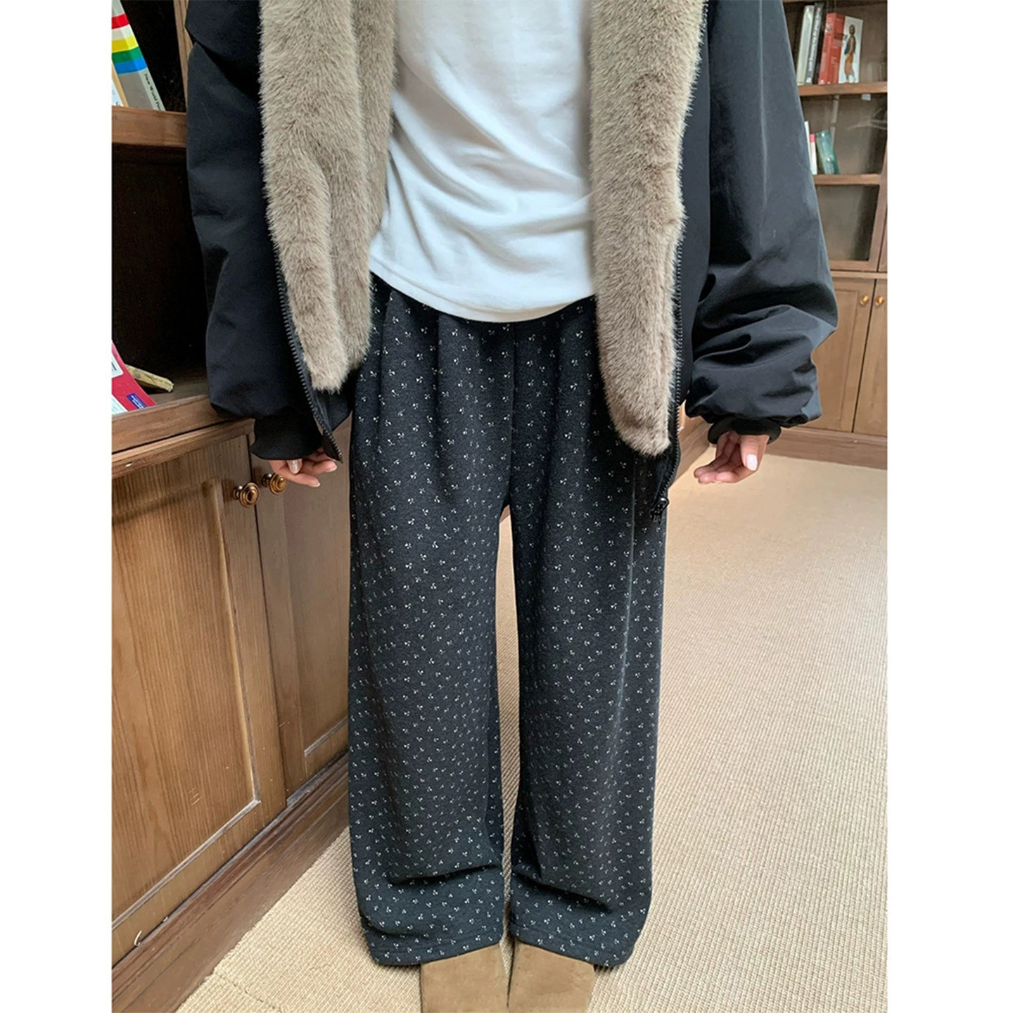 复古小碎花加绒加厚直筒裤