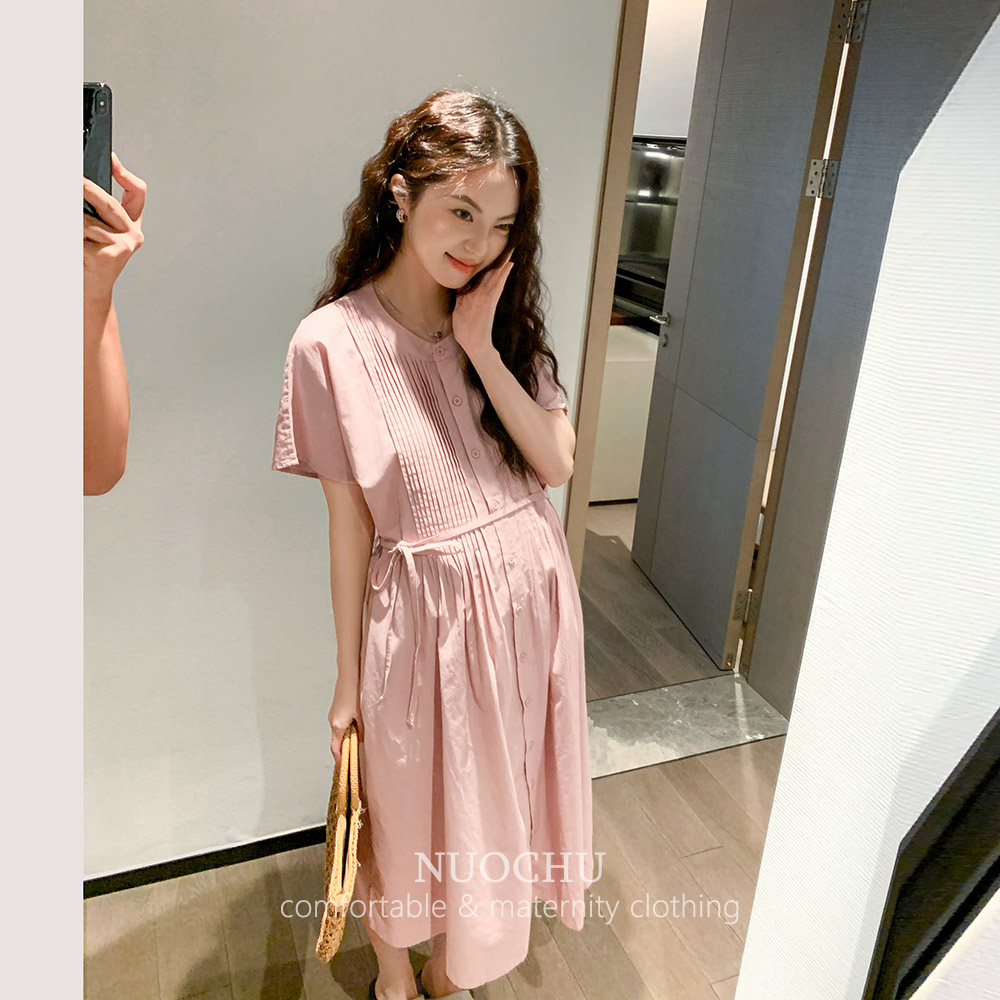 诺初孕妇装◆孕妈时尚连衣裙裙装夏季气质圆领短袖女宽松显瘦长裙