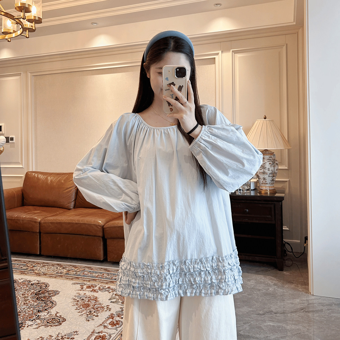 ◆诺初◆孕妇装韩版韩系娃娃款衬衫春秋宽松显瘦遮肚孕期褶皱上衣