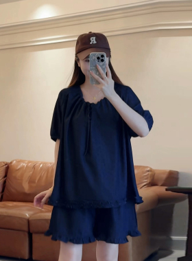 孕妈穿搭~简约休闲风深蓝色孕妇韩系天丝波点牛仔短裤女夏季套装