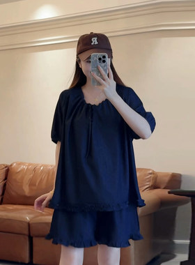 孕妈穿搭~简约休闲风深蓝色孕妇韩系天丝波点牛仔短裤女夏季套装