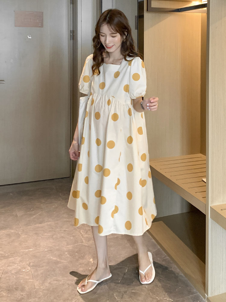 임산부 여름옷 패셔너블한 한국식 도트무늬 무릎위 롱스커트 트렌디한 엄마 반팔 여름 루즈원피스
