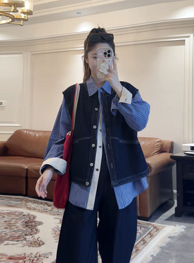 诺初孕妇装小众设计丹宁牛仔马甲女春装条纹衬衫上衣小个子外套春