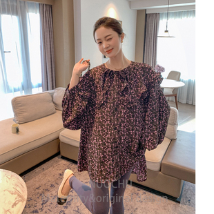 诺初孕妇装春款碎花娃娃领雪纺衬衫女春秋法式木耳边衬衣小众上衣