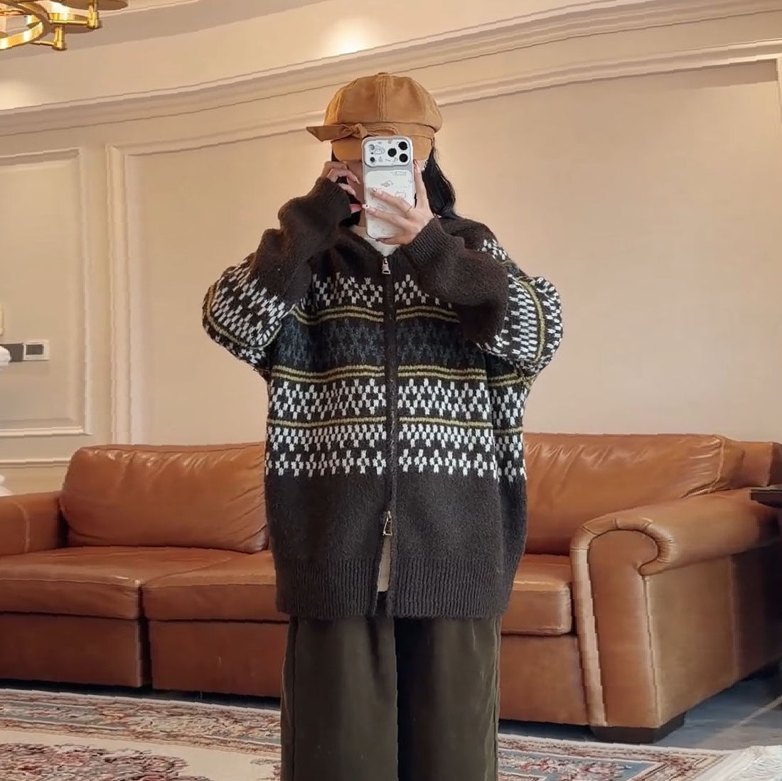 孕妇费尔岛提花连帽毛衣秋冬