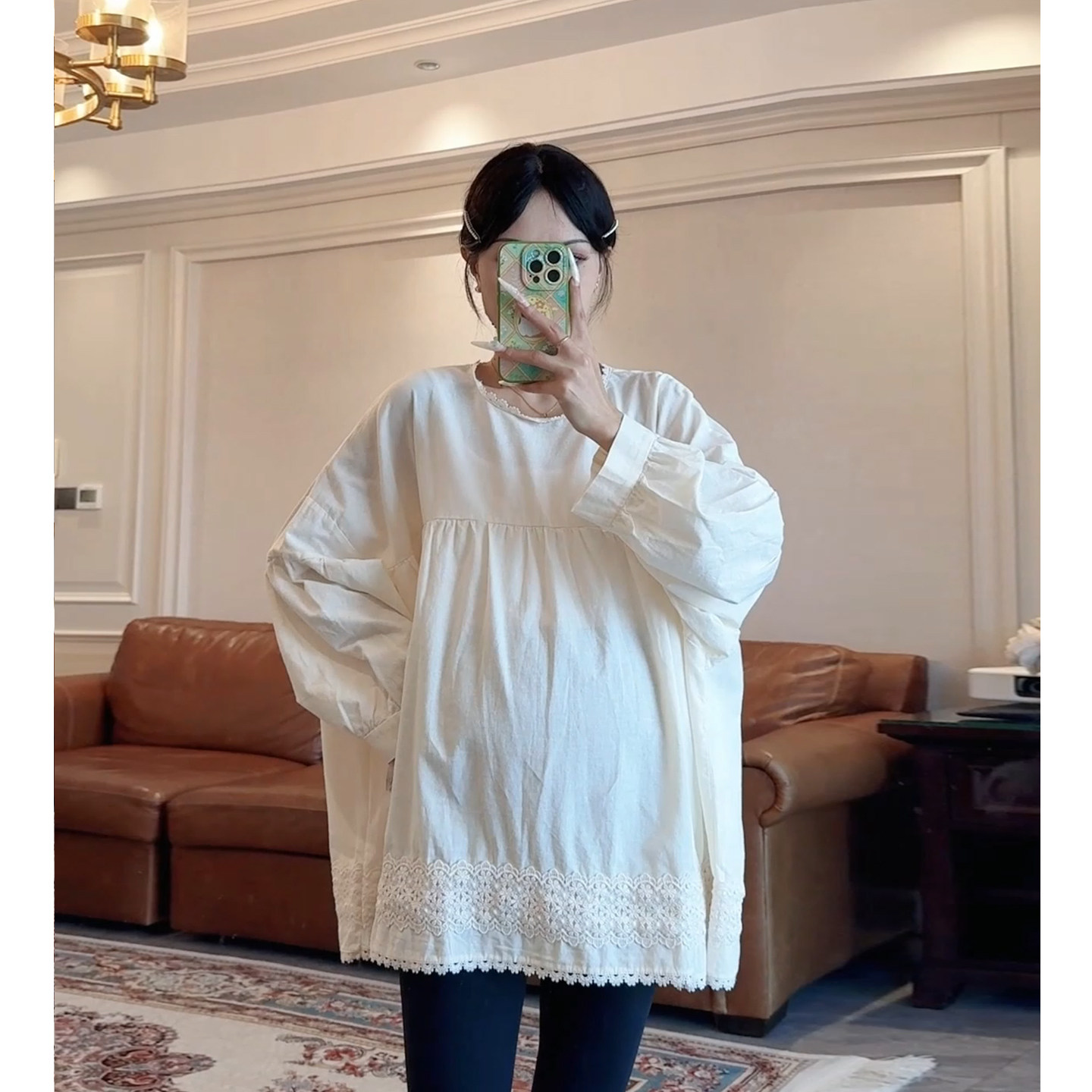 春秋韩系刺绣泡泡袖遮肚娃娃衫