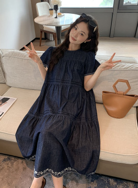 ◆诺初◆孕期穿搭民族风重工刺绣牛仔裙孕妇连衣裙长裙子宽松夏装